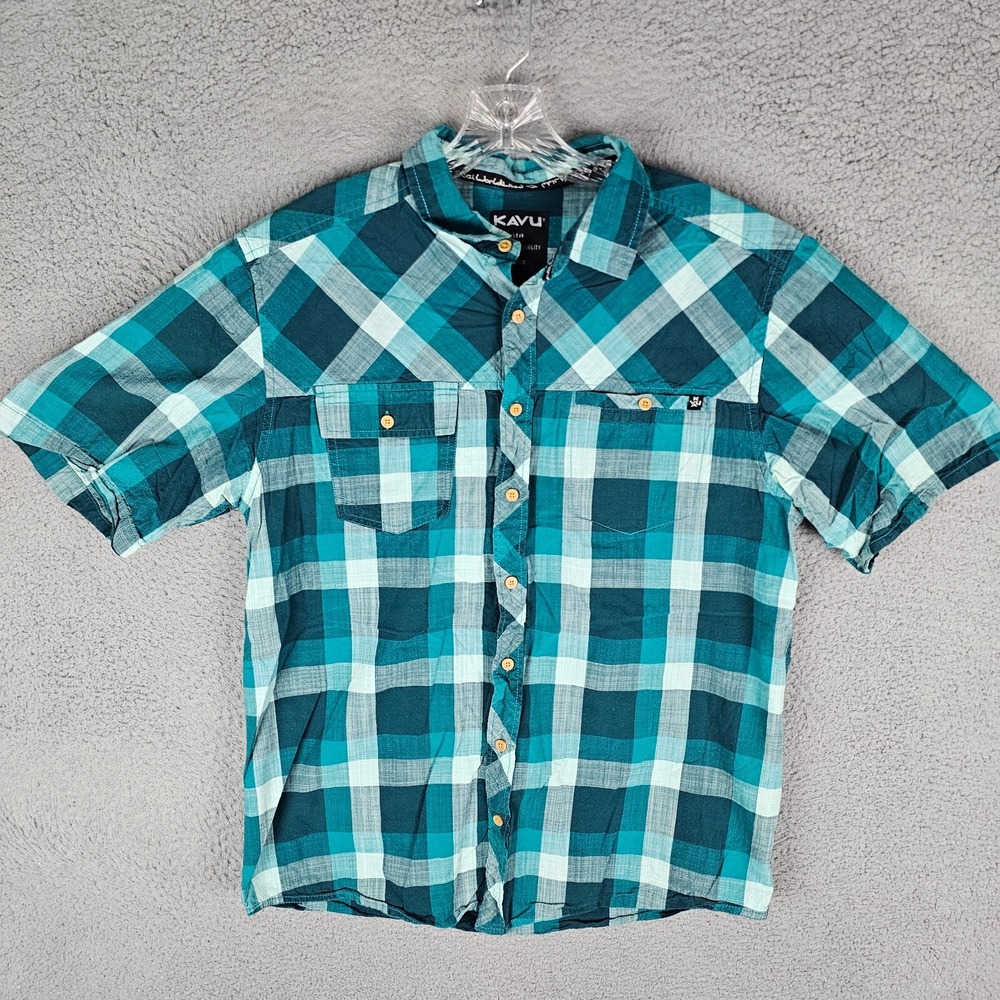 KAVU Button Down Mens Large Teal Plaid Short Sleeve Outdoor Casual Shirt